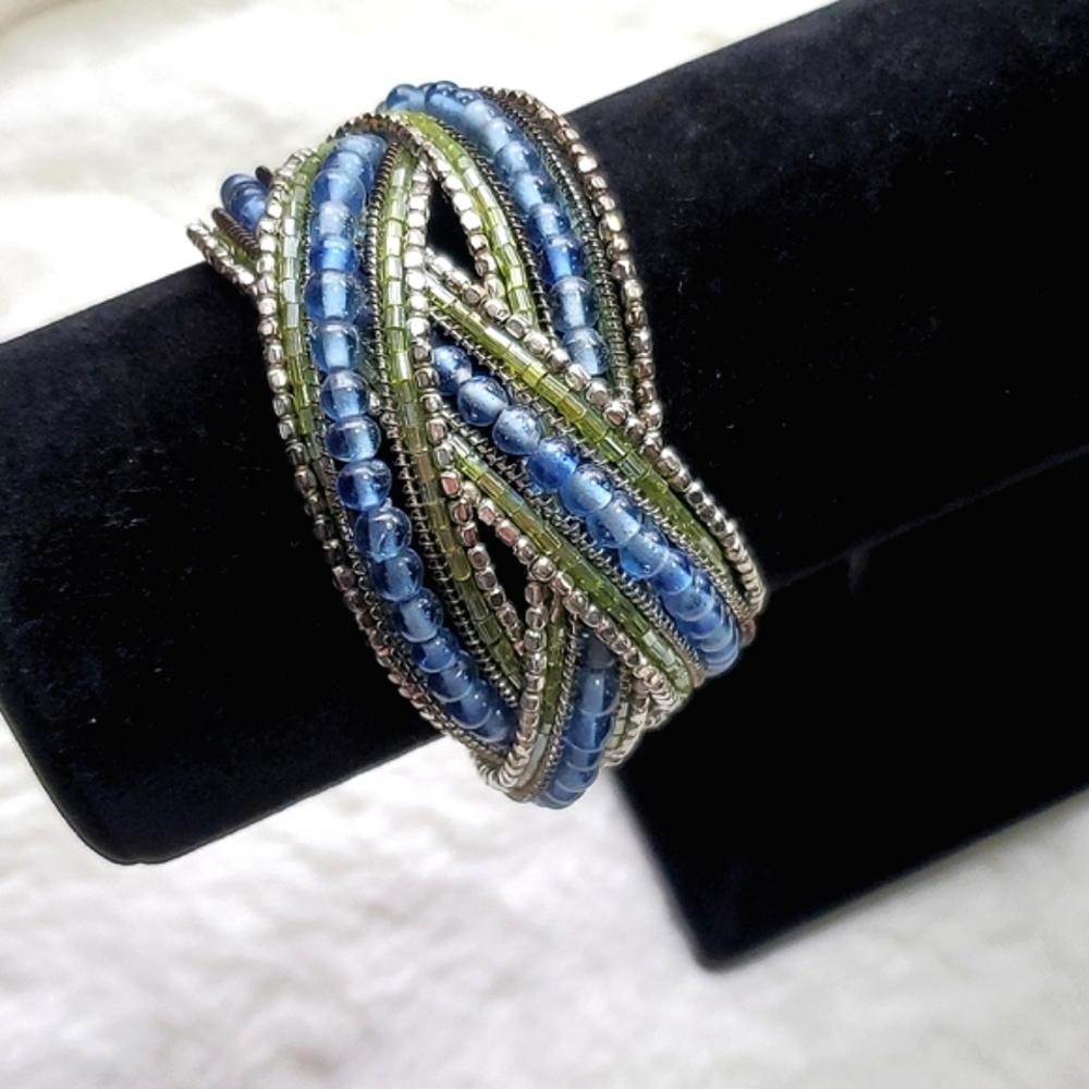Handmade Beaded Cuff Bracelet - Blue/Green/Silver | One Size